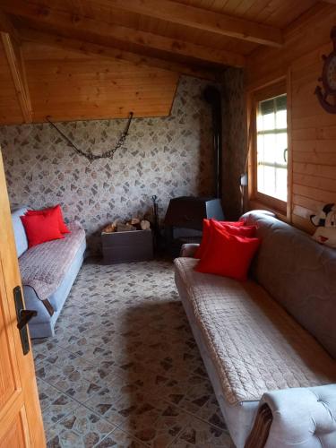 a living room with a couch and a fireplace at Odmor in Šavnik