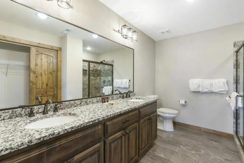 a bathroom with a sink and a toilet and a mirror at Table Rock Resorts at Indian Point in Branson
