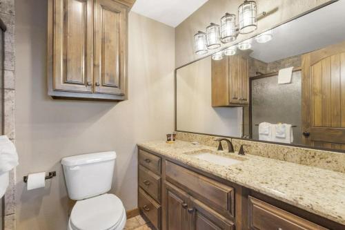 a bathroom with a toilet and a sink and a mirror at Table Rock Resorts at Indian Point in Branson