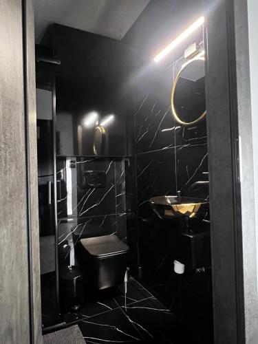 bagno nero con servizi igienici e lavandino di Gamler Apartments by Letrent a Żyrardów