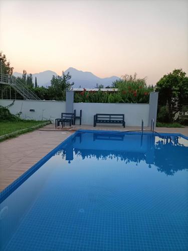 uma piscina com dois bancos ao lado de uma parede branca em holistic balance 