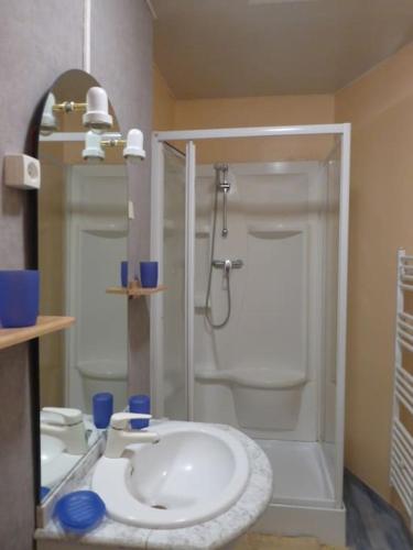 La salle de bains est pourvue d'une douche et d'un lavabo blanc. dans l'établissement Villa Wimereusienne, petite cour, à Wimereux