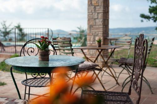 a table and chairs with a potted plant on a patio at Agriturismo Borgo Malva' in San Venanzo