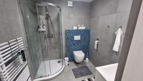 y baño con ducha, aseo y lavamanos. en Ubytování na letišti Ostrava Mošnov en Mošnov