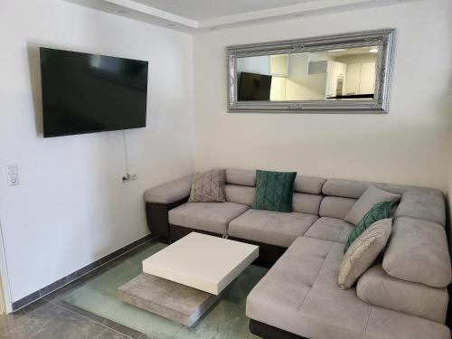 a living room with a couch and a flat screen tv at Schwarzwaldsuite mit Panorama Waldblick in Enzklösterle