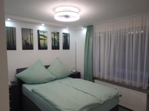 Un dormitorio con una cama con almohadas verdes y una ventana en Schwarzwaldsuite mit Panorama Waldblick en Enzklösterle