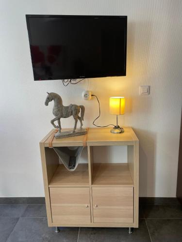 a television on top of a wooden stand with a horse statue at Gîtes De La Bonne Etoile in Geispolsheim