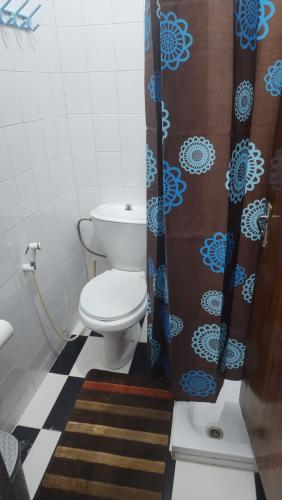 La salle de bains est pourvue de toilettes et d'un rideau de douche. dans l'établissement Window on petra, à Wadi Musa