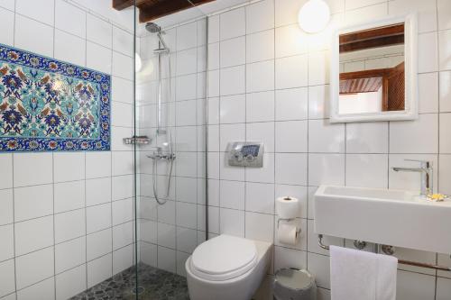 La salle de bains est pourvue de toilettes, d'un lavabo et d'une douche. dans l'établissement Villa Nouna, à Lindos