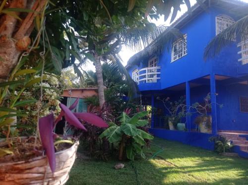a blue house with plants in the yard at Charming blue house with kitchen parking and garden in Canoa Quebrada