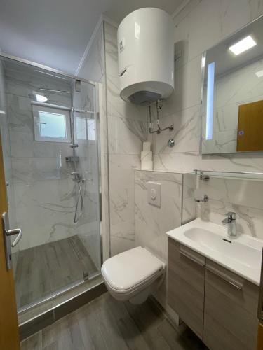 y baño con aseo, ducha y lavamanos. en Villa Royal, en Cavtat