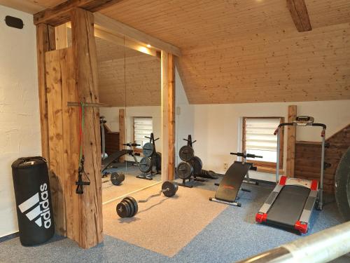 - une salle de sport avec plusieurs appareils d'exercice dans l'établissement Landgasthof Plohnbachtal UG, à Abhorn