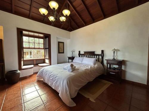 un dormitorio con una cama con un animal de peluche en Preciosa casa Canaria vista mar y montaña El encanto de Lita, en Mazo