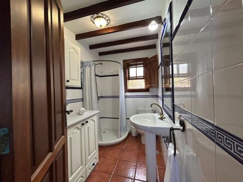 a bathroom with a sink and a shower and a toilet at Preciosa casa Canaria vista mar y montaña El encanto de Lita in Mazo