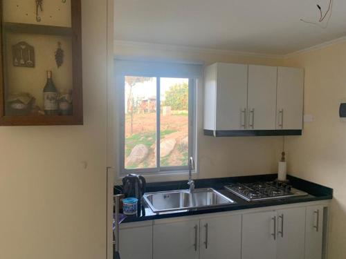 cocina con fregadero y ventana en Los Quillayes en Melipilla