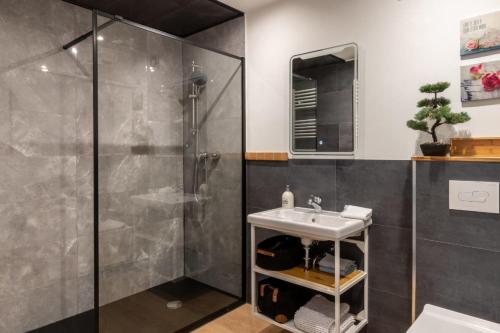 a bathroom with a shower and a sink at Haus Gretchen in Bömighausen