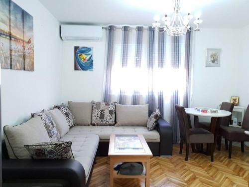 - un salon avec un canapé et une table dans l'établissement Ljupki apartman 2 km od centra i besplatan parking, à Podgorica