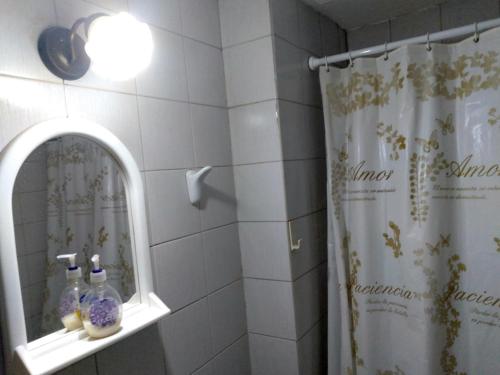 y baño con cortina de ducha y espejo. en Departamento céntrico en Mendoza