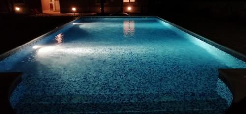 a large swimming pool at night with lights on it at Apartma Andrea in Medulin