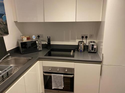 una pequeña cocina con fregadero y microondas en Spacious 1 bed relocation apartment free parking,, en Brierley Hill