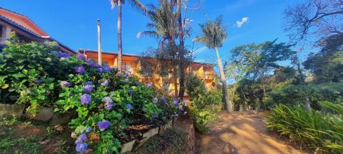une maison avec des fleurs violettes et des palmiers dans l'établissement Recanto Inaciano Saúde e Paz, à Capitólio