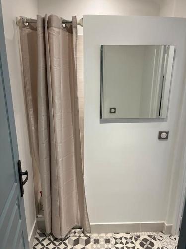La salle de bains est pourvue d'un miroir et d'un rideau de douche. dans l'établissement B0 Appart 2022 - 10min PARIS/EXPO - 5 rooms/6 beds, à Bagneux