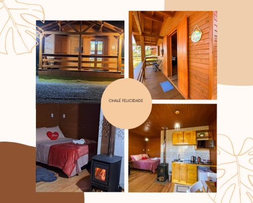 a collage of pictures of a cabin with a fireplace at Pousada Chales Aconchego Serrano in Bom Jardim da Serra