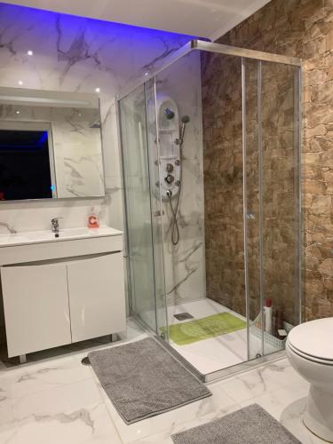 W łazience znajduje się prysznic, toaleta i umywalka. w obiekcie Aroeira Tropical Villa w mieście Charneca