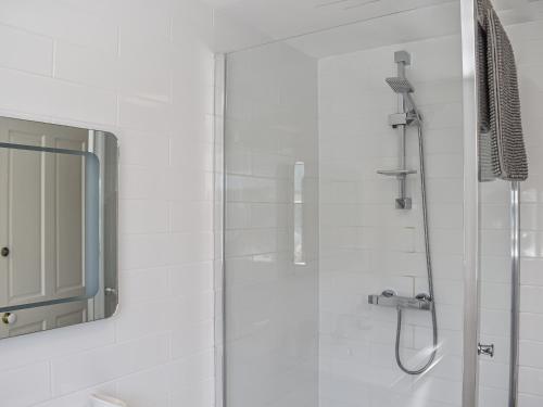 a bathroom with a shower and a mirror at Seren Cottage By The Sea in Bodorgan