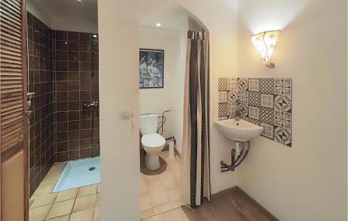 uma casa de banho com um chuveiro, um WC e um lavatório. em Beautiful Home In Abeilhan With Wifi em Abeilhan