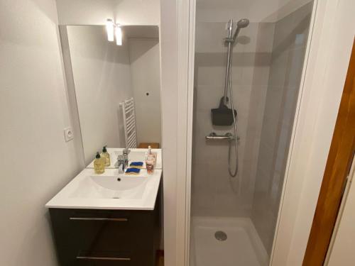 ein Badezimmer mit Waschbecken und Dusche in der Unterkunft Charmant 2 pièces avec terrasse et parking proche des pistes à La Chapelle-d'Abondance - FR-1-692-89 in La Chapelle-dʼAbondance