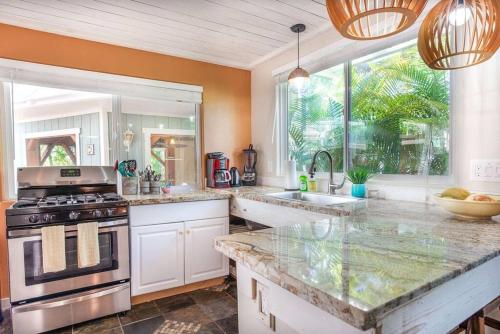 a large kitchen with a stove and a sink at Pahoa Tropical Garden Getaway in Pahoa