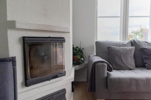 a living room with a fireplace and a couch at Villa Rajaportti 1st&2nd floor Loft with lakeview and free front door parking with electric car plug in Tampere