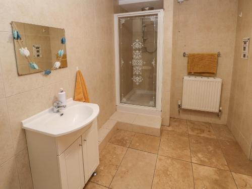 a bathroom with a sink and a shower at Ty Llwyd in Eglwyswrw