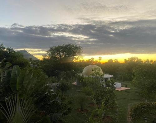 a view of a garden with a sunset in the background at Yogiville in Tiruvannāmalai