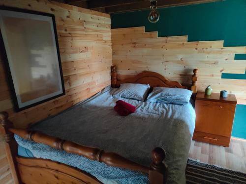a bedroom with a bed with a wooden wall at Panoramic Noah's Loft in Stînceni