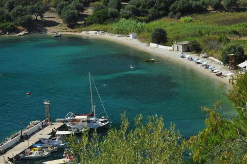 a group of boats docked at a dock in the water at Poli Home in Stavros