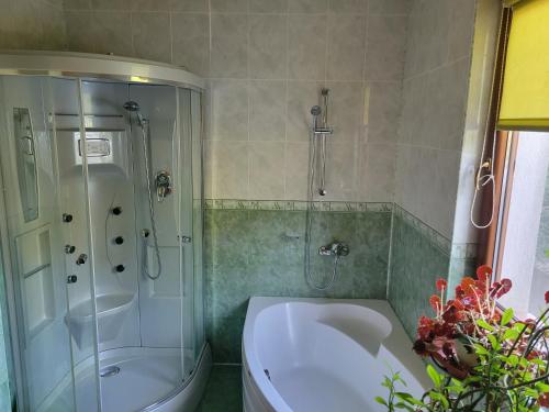 a bathroom with a shower and a tub and a sink at Къща за гости - Еделвайс, гр. Габрово in Gabrovo