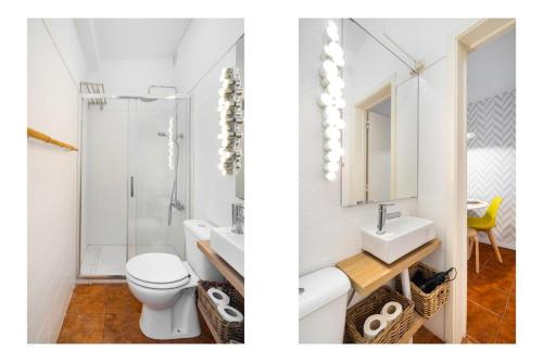 2 Bilder eines Badezimmers mit WC und Waschbecken in der Unterkunft Regueira Gold com terraço in Lissabon