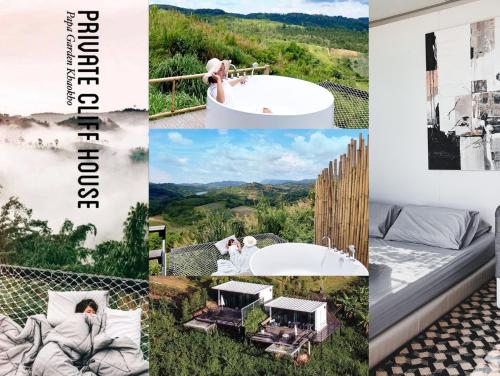 a collage of photos of a bathroom with a bath tub at Papa Garden Khaokho in Khao Kho