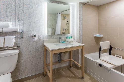 La salle de bains est pourvue d'un lavabo, de toilettes et d'un miroir. dans l'établissement Holiday Inn Express & Suites Halifax - Bedford, an IHG Hotel, à Halifax
