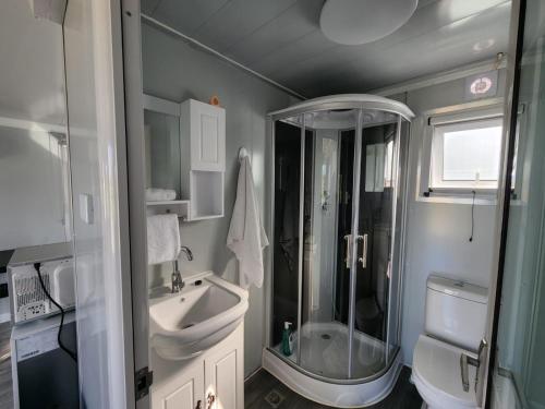 a bathroom with a shower and a sink at Moruya Motel in Moruya