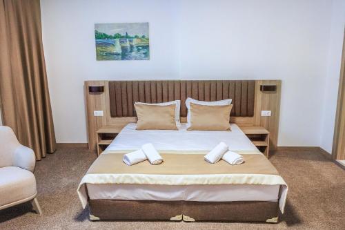 a bedroom with a large bed with two pillows at Evelin Deluxe House in Plovdiv