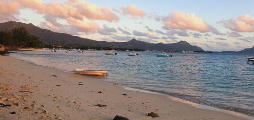 a beach with boats in the water and mountains at Charming Condo in Rivière Noire