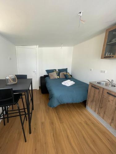 1 dormitorio con cama, mesa y lavamanos en L agréable en Saint-Julien-les-Villas