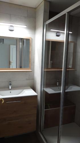 a bathroom with a sink and a glass shower at la palme d or in Saint-Raphaël