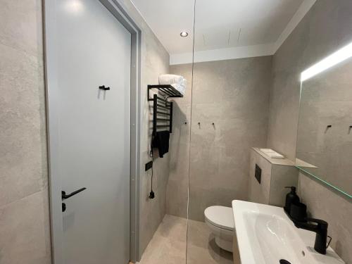 une salle de bain avec toilettes, lavabo et miroir dans l'établissement Esplanaadi 10 LUX Apartment, à Pärnu