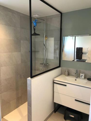 une salle de bain avec une douche, un lavabo et un miroir dans l'établissement Maison de famille rénovée - Larmor centre bourg, à Larmor-Plage