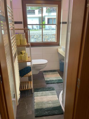 baño con aseo, ventana y alfombras en Appartement Erika en Flattach
