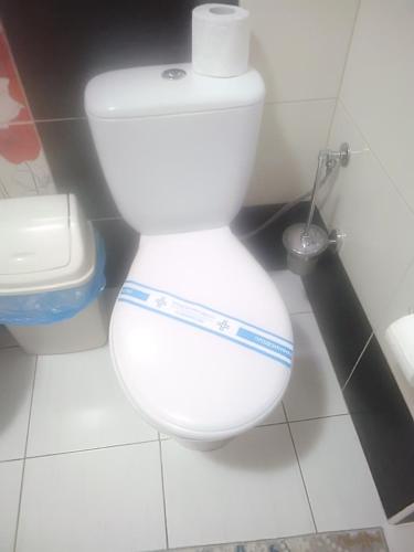 a white toilet in a bathroom with a roll of toilet paper at Гостьовий двір РіОНІ in Truskavets
